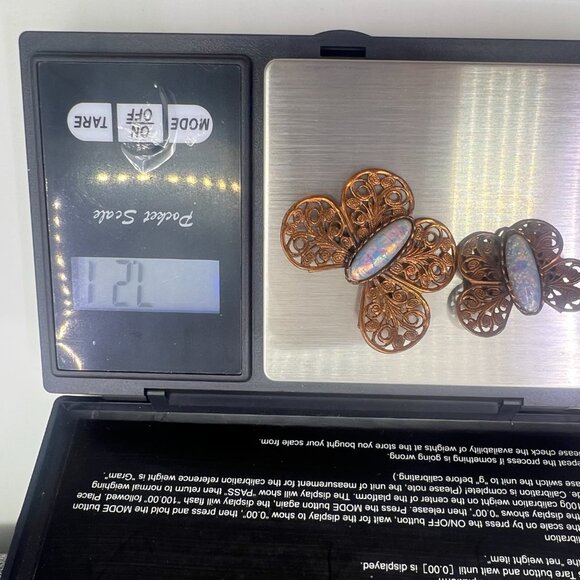 Antique Edwardian Butterfly Dragon's Breath Glass Bronze Pin Set - Picture 9 of 9